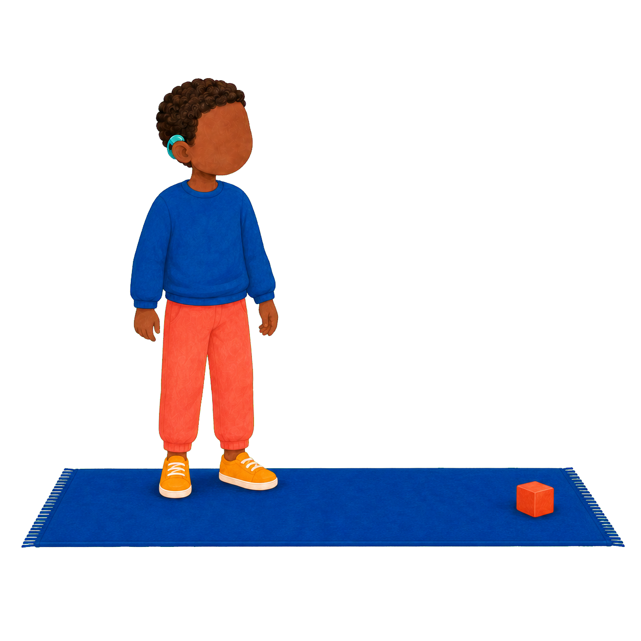 Moussa se tient calmement sur un tapis sans posture rituelle détaillée tandis qu’un petit objet tombé attire légèrement son attention.
