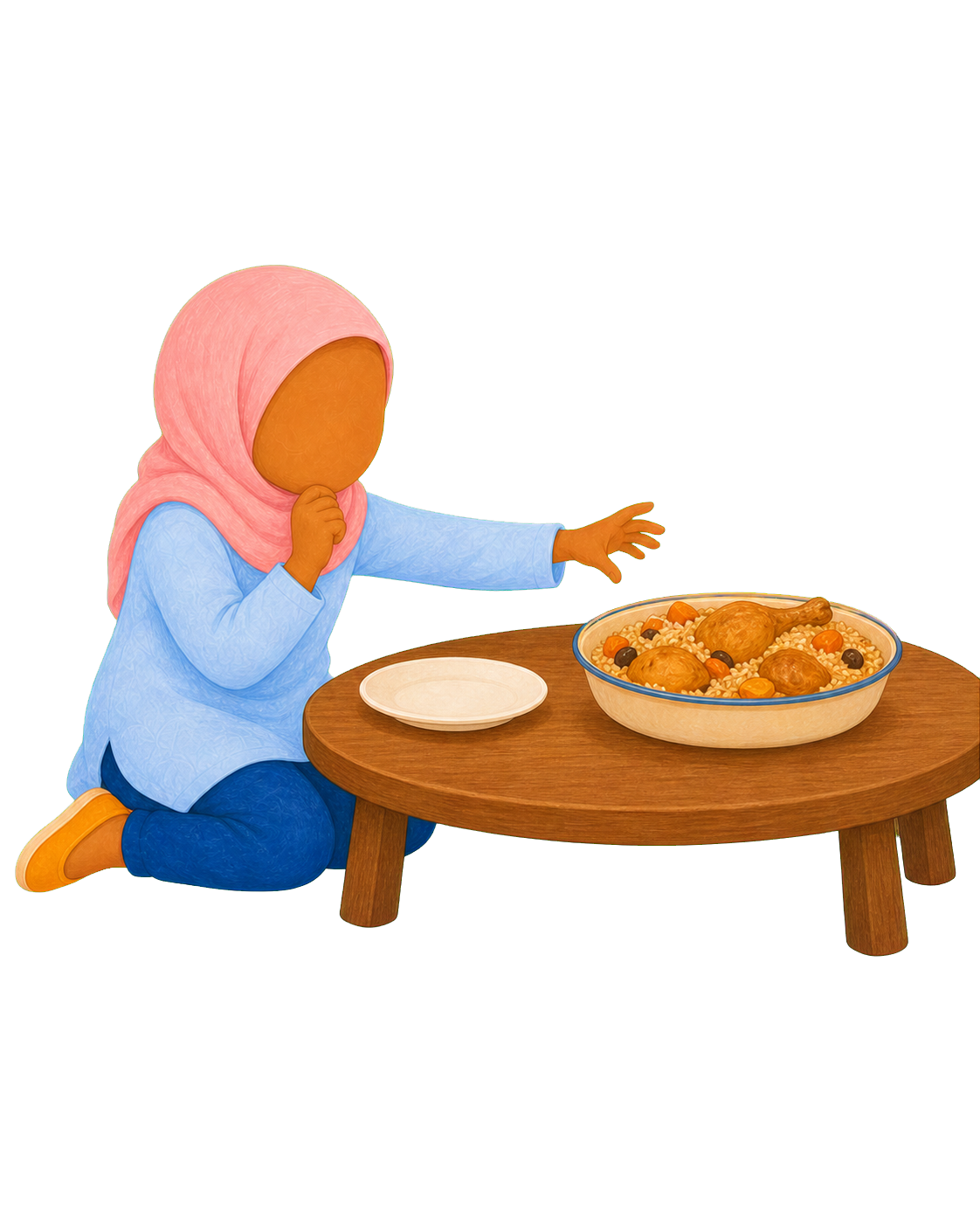 Aïcha est assise devant un repas et arrête sa main avant de prendre dans le plat partagé.
