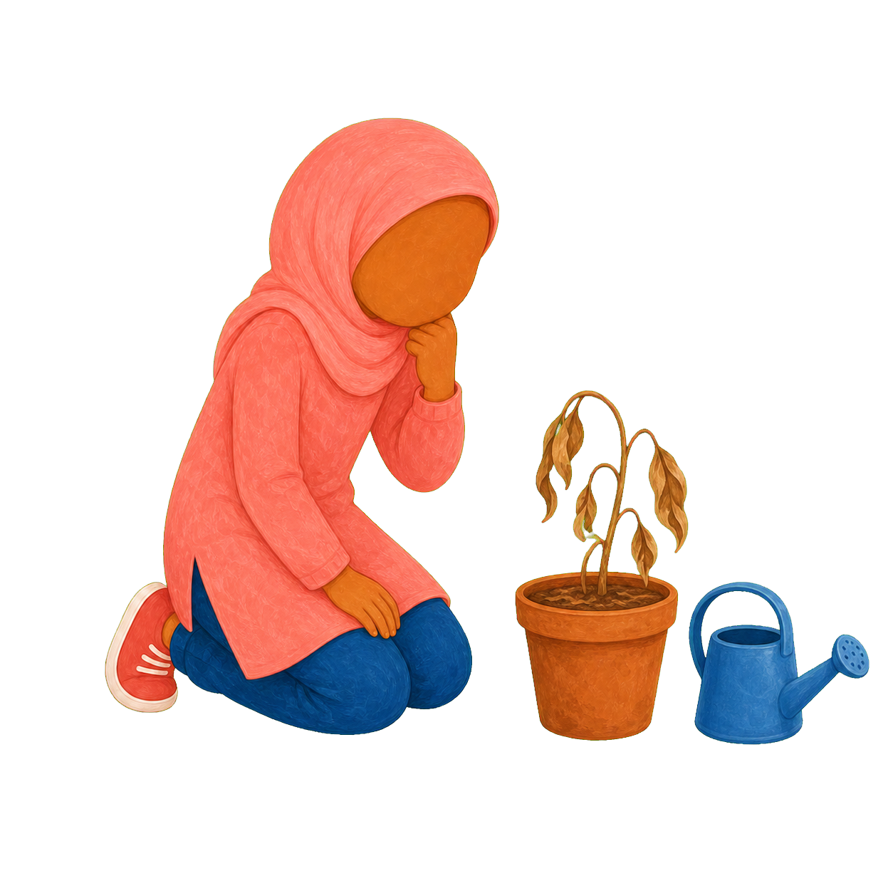 Aïcha observe une plante en pot aux feuilles légèrement penchées et un petit arrosoir fermé, sans commencer encore à arroser.