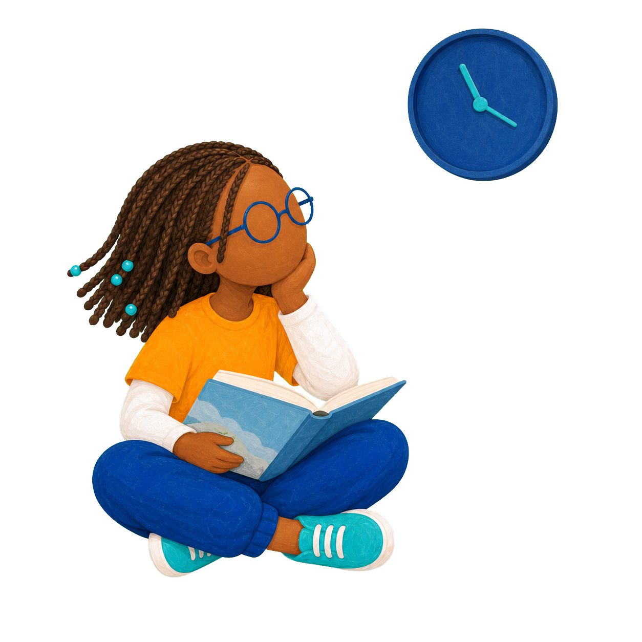 Nour lit un livre illustré fermé à moitié et regarde une petite horloge sans chiffres détaillés, en réfléchissant au prochain moment de prière.