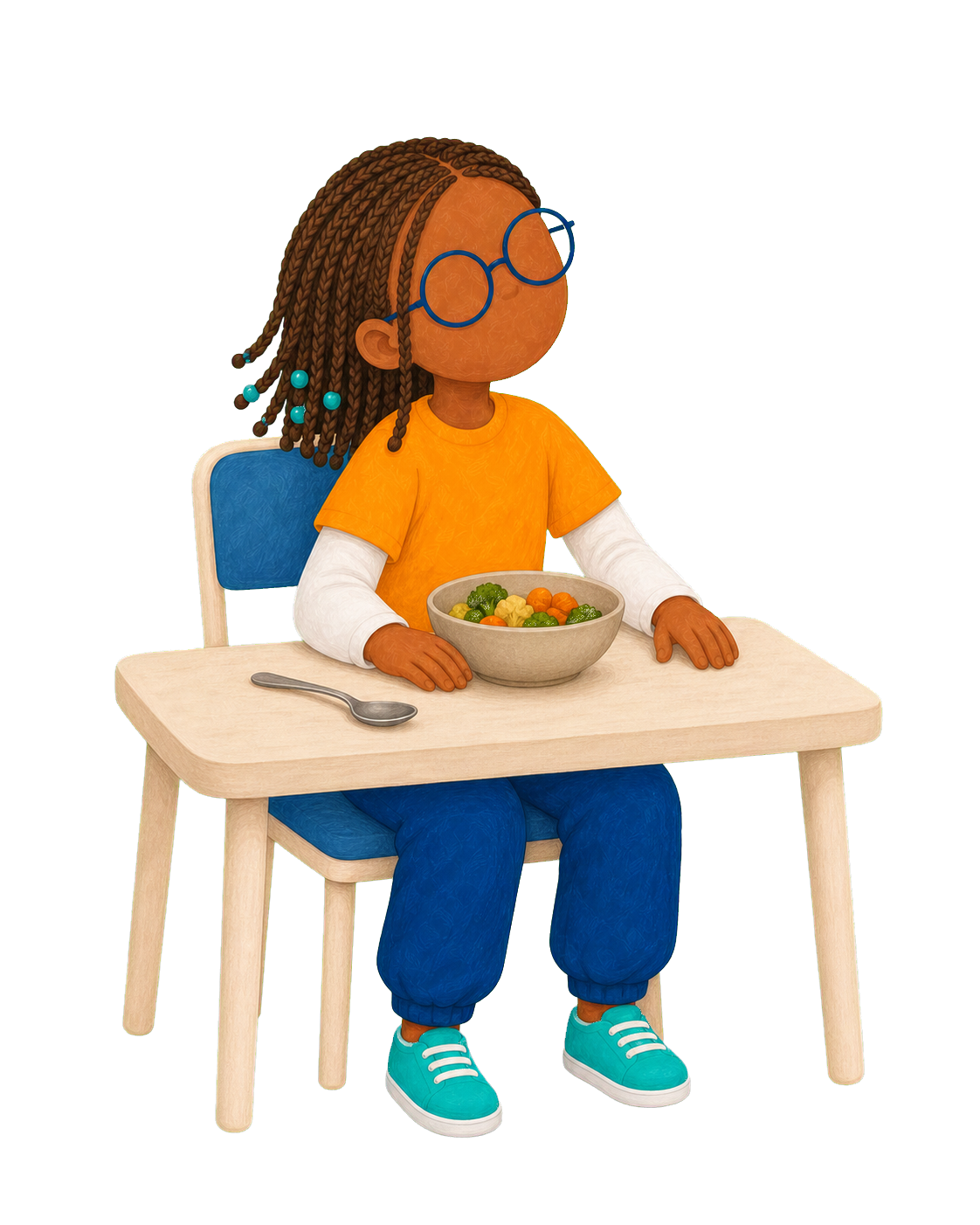 Nour est assise devant un bol de légumes, les mains posées et la tête légèrement tournée pour réfléchir.