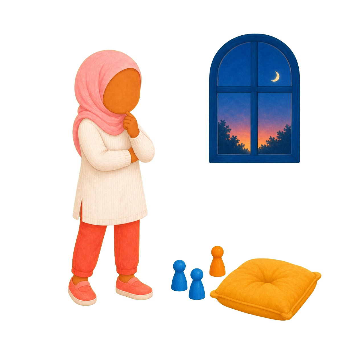 Sofia est assise près de quelques pièces de jeu, d’un coussin et d’une fenêtre à la lumière du soir, sans avoir encore commencé à ranger.