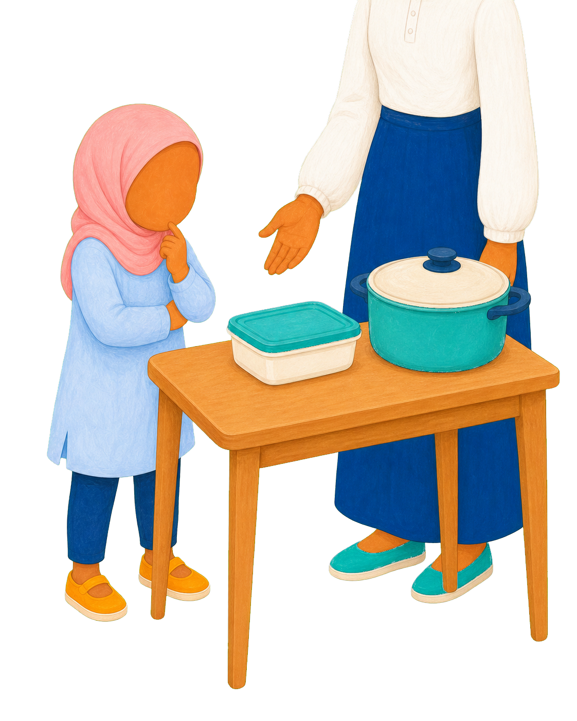 Aïcha et une adulte regardent une marmite fermée et une boîte vide posées sur une table.