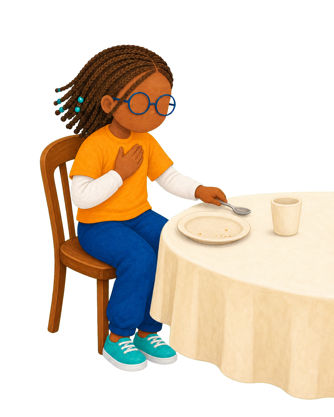 Nour pose sa cuillère devant son assiette terminée et s’arrête avant de quitter la table.
