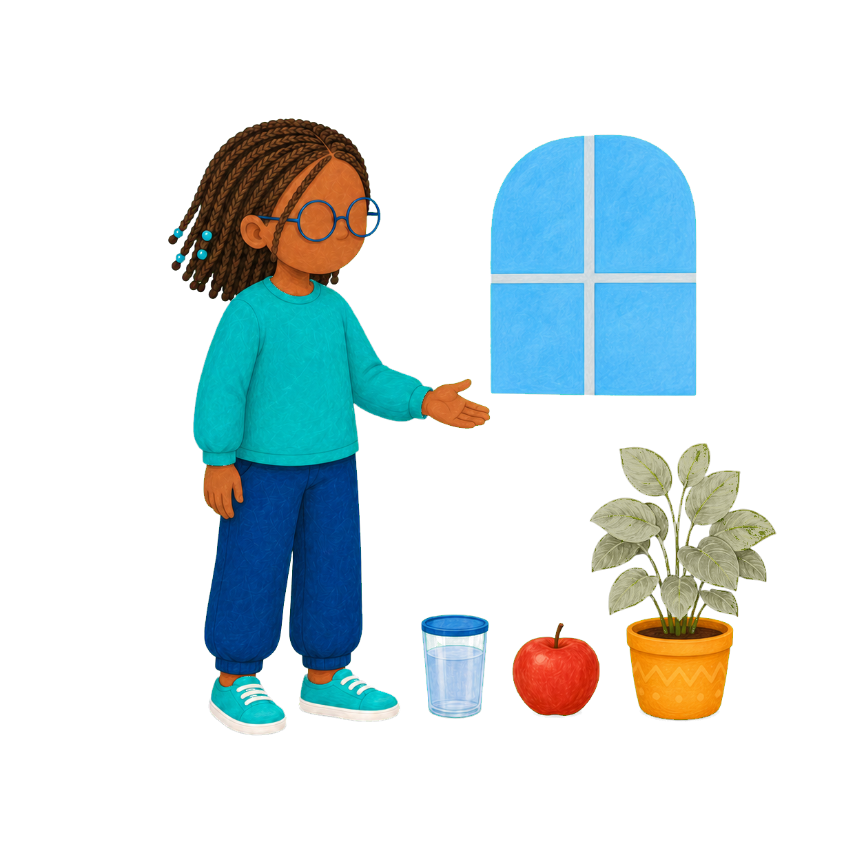 Nour observe un verre d’eau, une pomme, des crayons et une lumière douce près d’une fenêtre, sans savoir encore quel élément choisir.